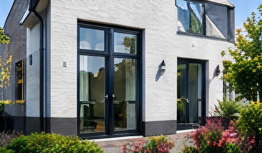 Project in Almelo: antraciet tuindeuren in witte gevel